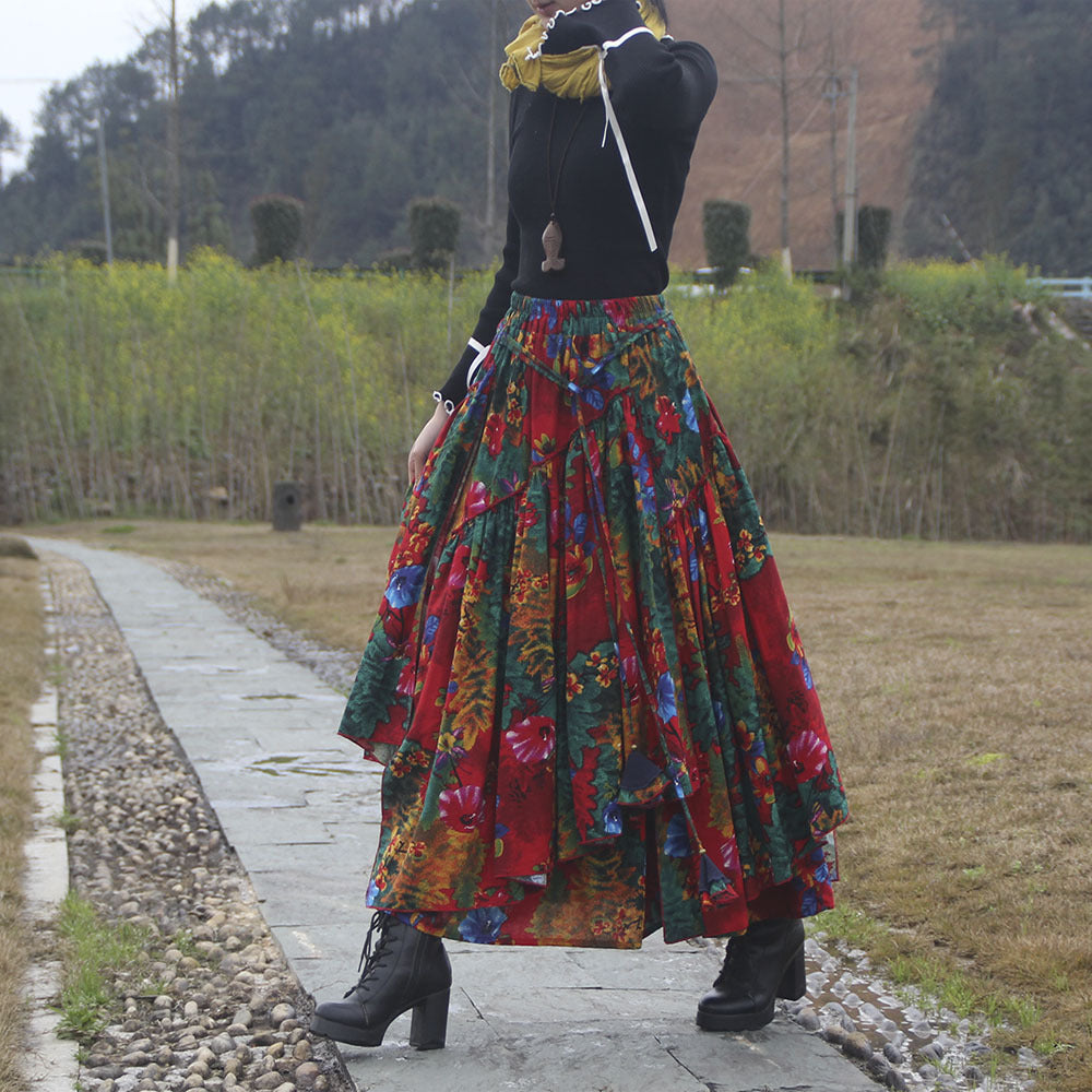 Ethnic Style Women's Cotton And Linen Printed Skirt