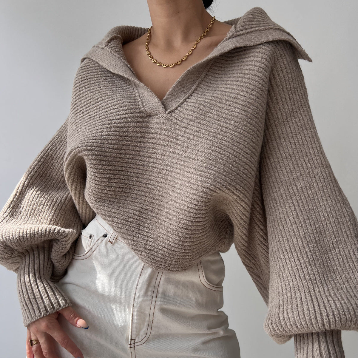 Spring And Autumn New Knitted Sweater Sweater Lapel Pullover Women's Top