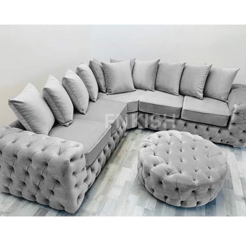 Ashton Chesterfield 5 Seater Corner Couch Silver Plush Sofa