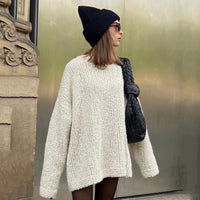 Simple Solid Color Thick Needle Round Neck Sweater Mid-length