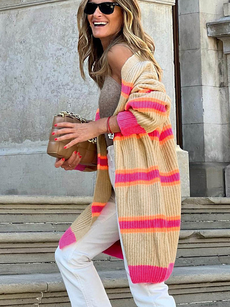 Striped Cardigan Sweater European And American Leisure Loose Knitted Coat