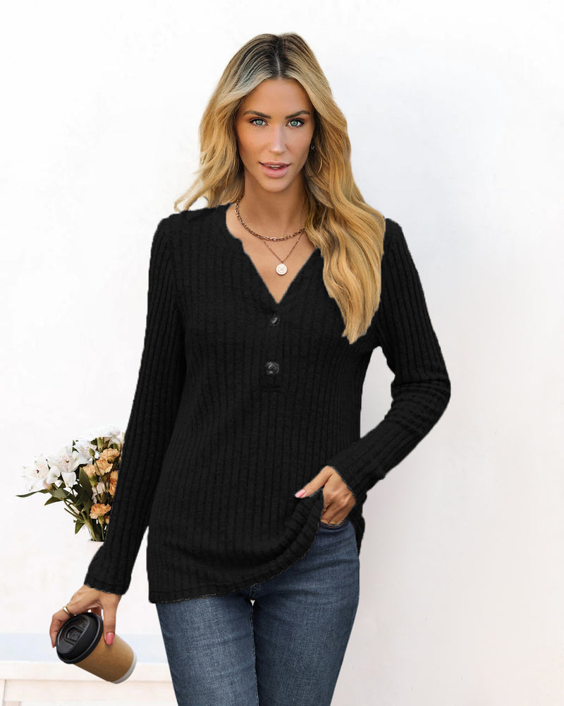 Solid Color And V-neck Long Sleeve T-shirt