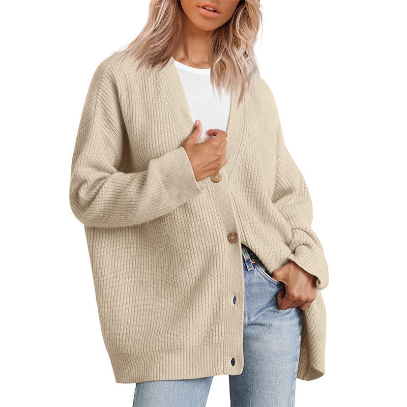 European And American Style Simple All-match Knitted Button V-neck Solid Color Sweater