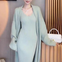 Loose Mid-length Knitted Cardigan Suspender Dress Sweater