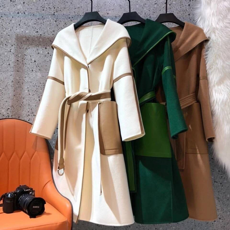 British style slim slimming belt contrast color fight leather coat women