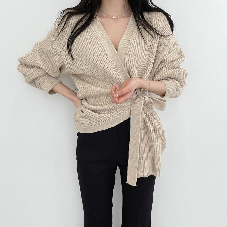 Pit Stripe Knitted Cardigan With Waist Strap Thickened Sweater