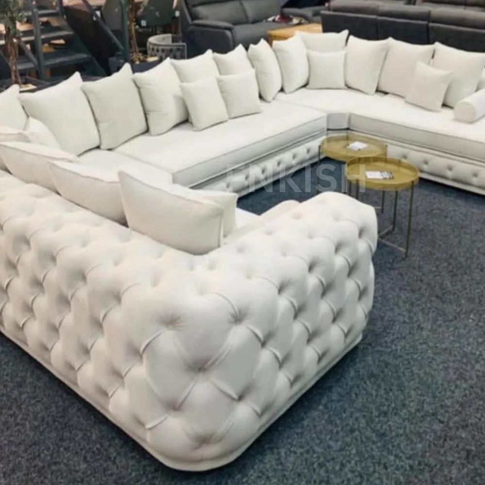 Ashton Luxury Chesterfield 8 Seater Corner U-Shape Couch Cream Plush Sofa