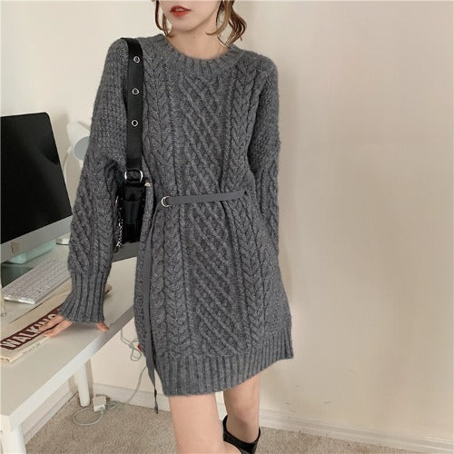 Women's Loose Twist Belt Long-sleeved Mid-length Sweater