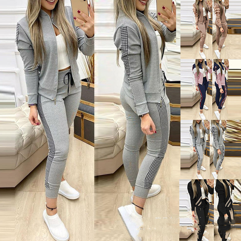 European And American Grey Stitching Plaid Casual Suit