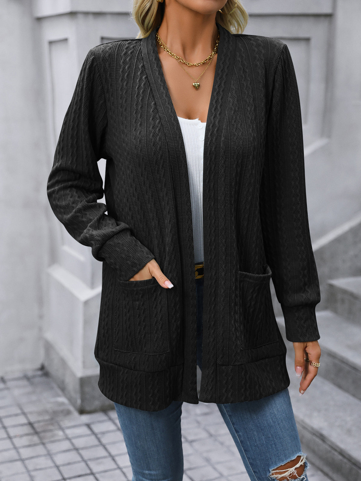 Solid Color Loose Shawl Mid-length Cable-knit Sweater Cardigan