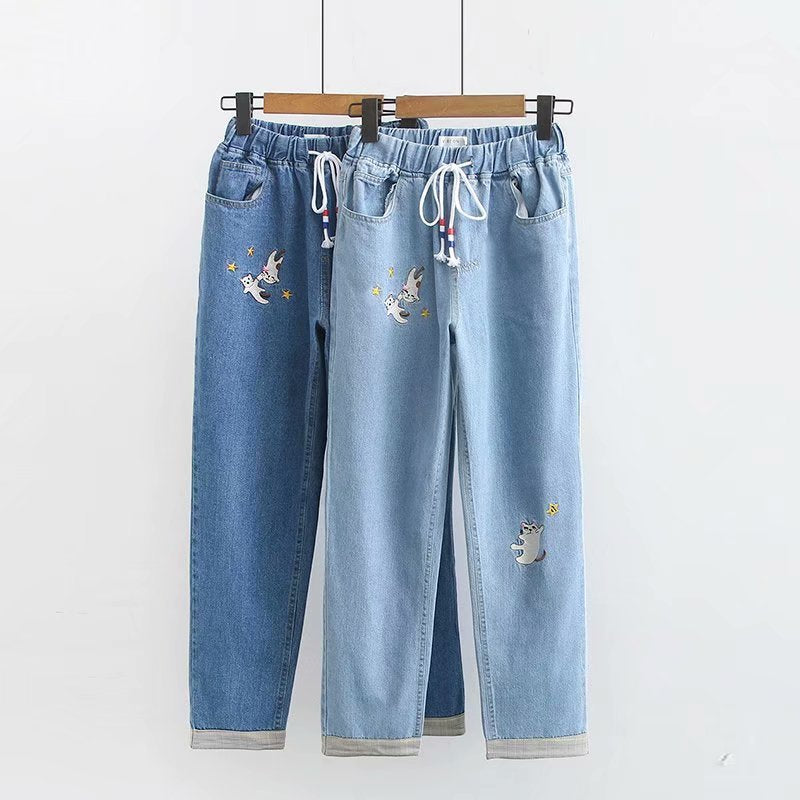 Old elastic waist lace up embroidered star denim pants