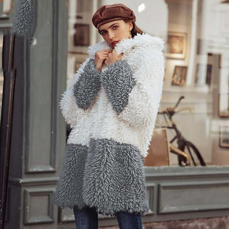 Color contrast stitching casual fashion Plush coat for women