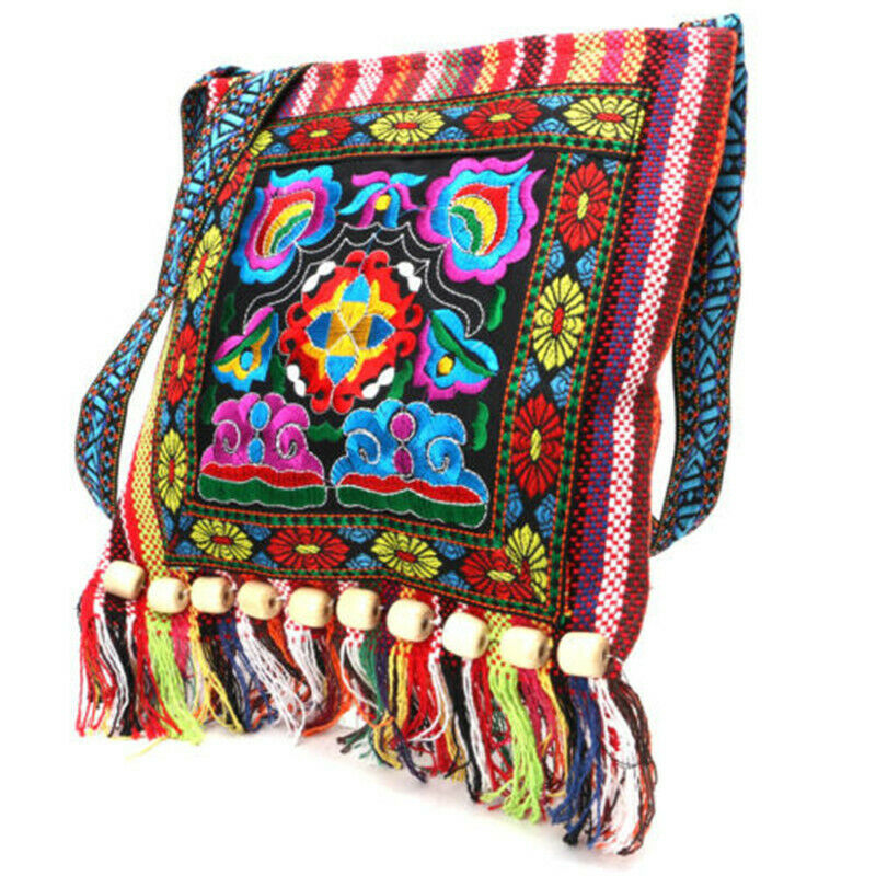 Ethnic style embroidered linen tassel bag