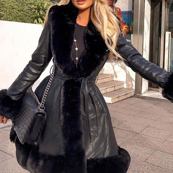 Fur coat with lotus leaf hem and faux leather belt