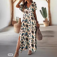 Summer Digital Printing Split V-neck Street Style Short Sleeve Dress