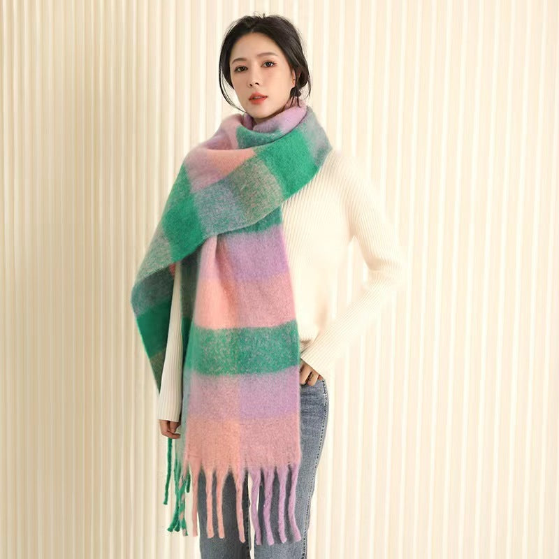 European And American Mohair Plush Warm Leisure Versatile Lattice Scarf