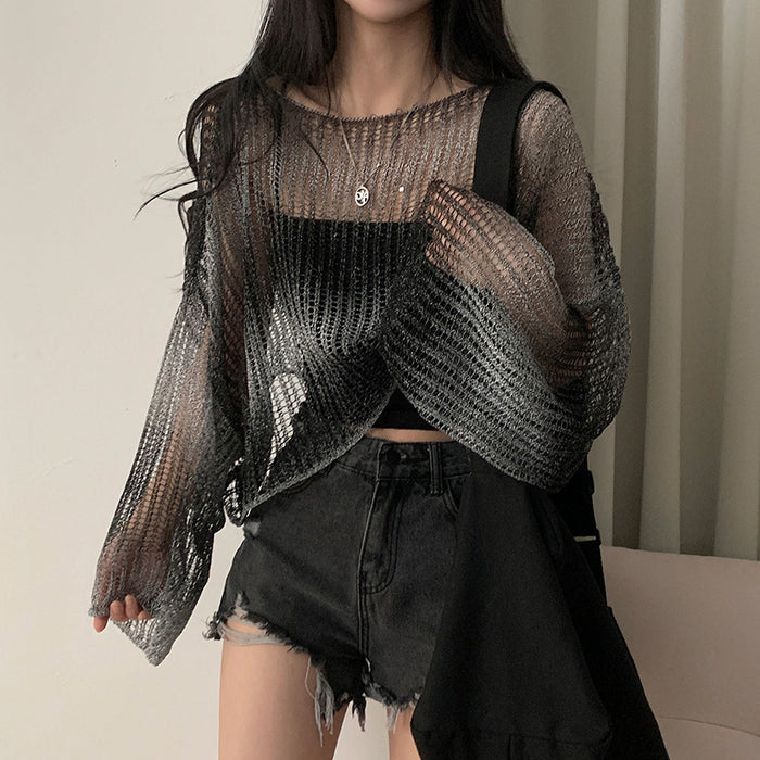 Hollow Tie-dyed Loose Short Breathable Sweater Woven Blouse Temperament Women's Sun-proof All-matching Top