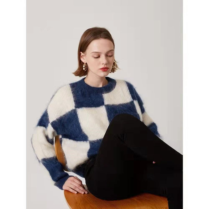 Slim Double Checkered European Version Mohair Knitted Sweater