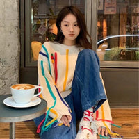 Fringed Sweater Design Colorful Striped Sweater For Women