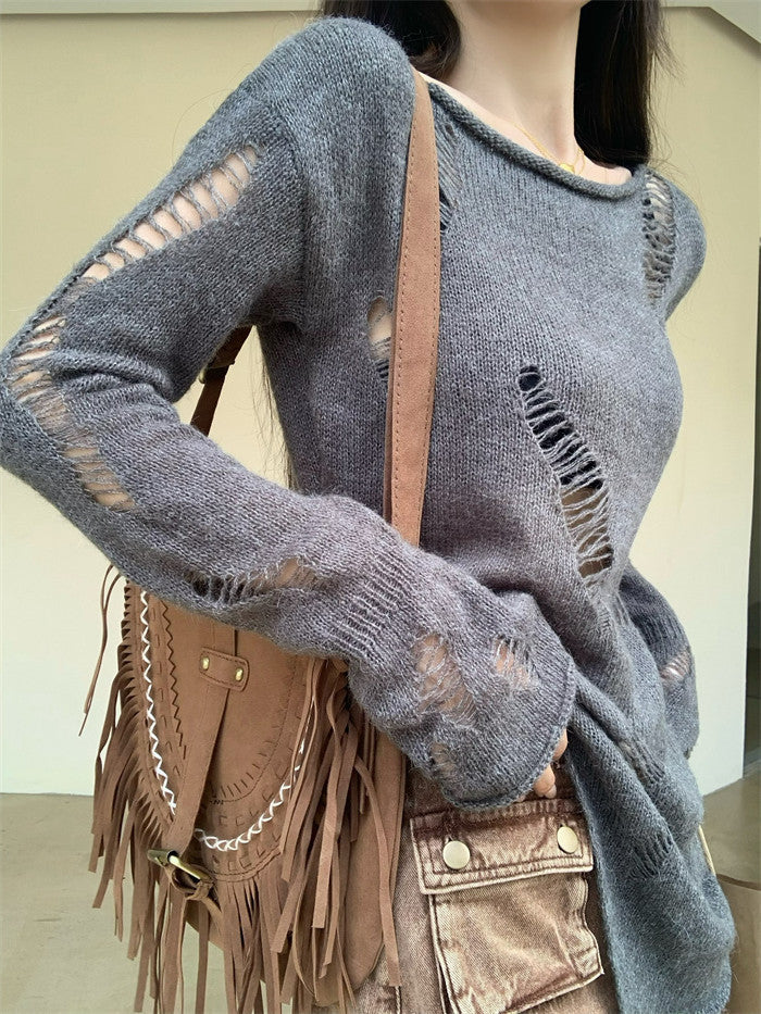 Outer Wear Ripped Gray Sweater Top