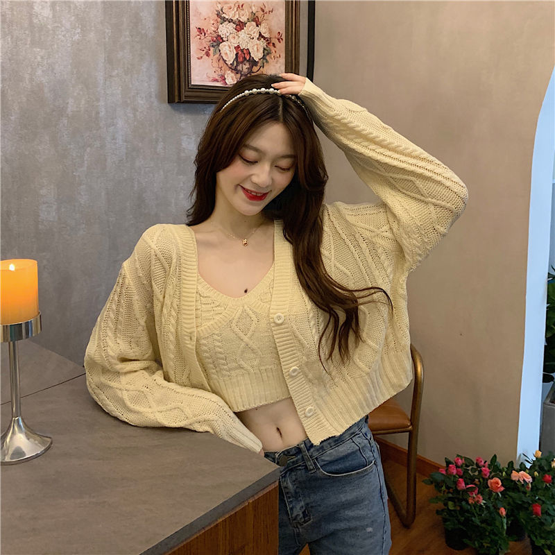 V-neck Knitted Cardigan Jacket Suit Women's Outer Wear Camisole Top