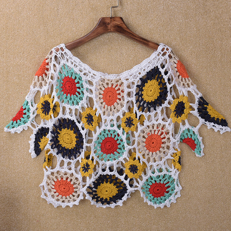 European And American Handmade Crochet Hollow-out Beach Cover-up Hand Crocheting Three-quarter Sleeve Crocheted Top