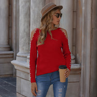 Fall Winter Fashion Beaded Knitted Sweater Solid Color Pullover Off-the-shoulder Sweater For Women