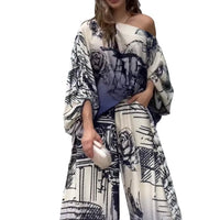 Autumn Printed Long Sleeve Batwing Shirt Wide Leg Pants Suit