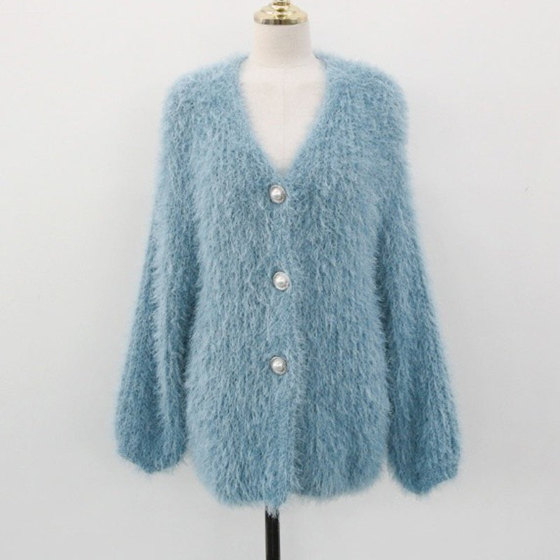 Mohair Single-breasted Pearl-button Cardigan Loose And Thick Sweater Coat