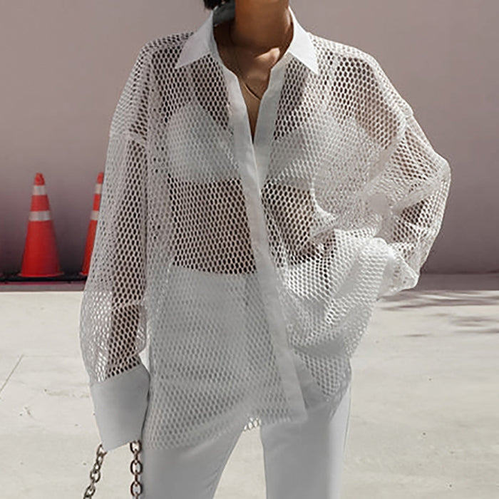 White Mesh See-through Women's Shirt