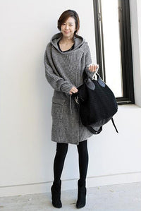 Women's Mid-length Hooded Waist Wide Loose Sweater Coat