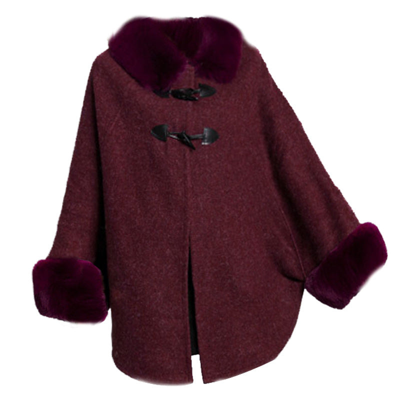 European and American autumn and winter new style rex rabbit fur collar double leather buckle knitted cardigan cloak shawl woolen coat women