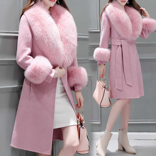 Women's long lace-up fur collar coat