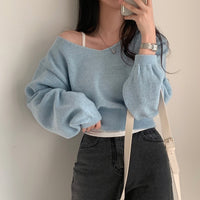 Fall V-neck Long-sleeve Knitwear Female Loose Cropped Sweater