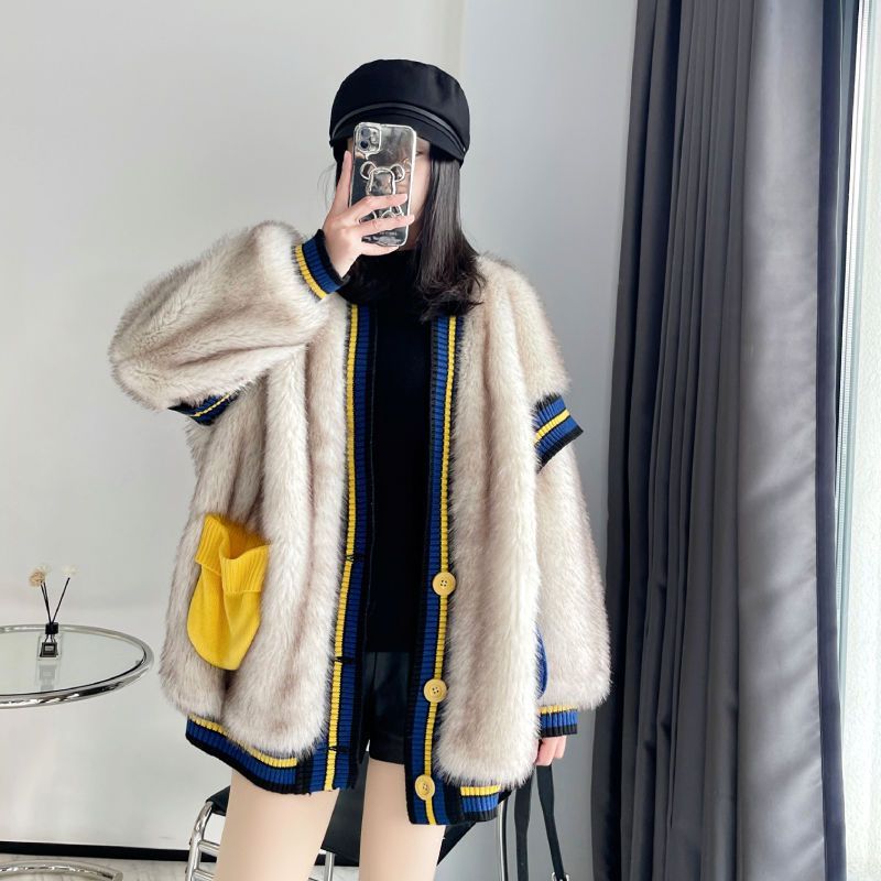 Single Breasted Fur Patchwork Wool Coat