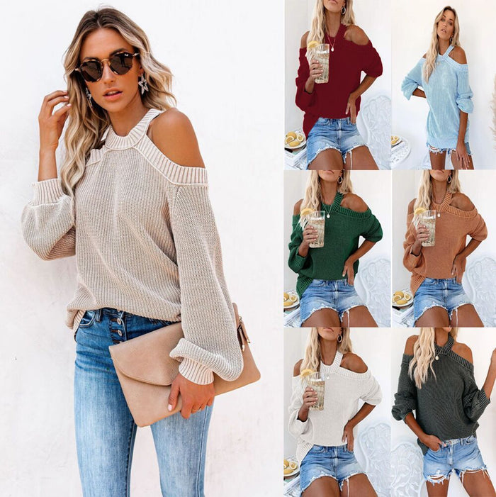 Off-Shoulder Solid Color Loose Knit Sweater