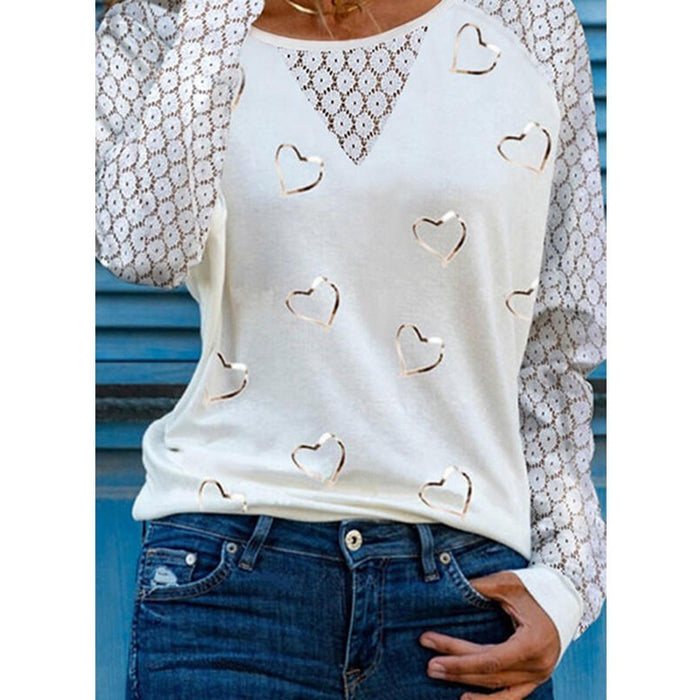 Long Sleeve Love Print Round Neck Lace T-Shirt