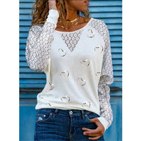 Long Sleeve Love Print Round Neck Lace T-Shirt