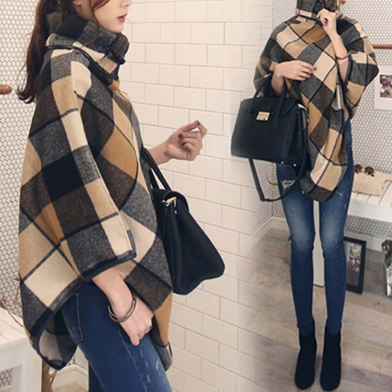 Fashion All-Match Women's Plaid Shawl Woolen Coat