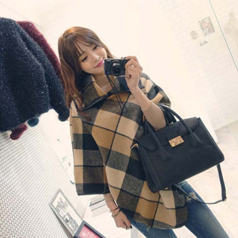 Fashion All-Match Women's Plaid Shawl Woolen Coat