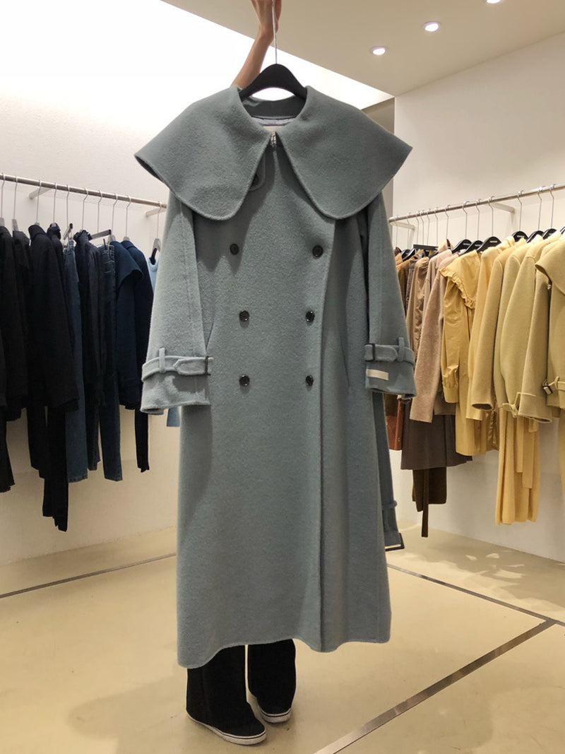 Lapel Double-Breasted Loose Solid Color Long Woolen Coat Women