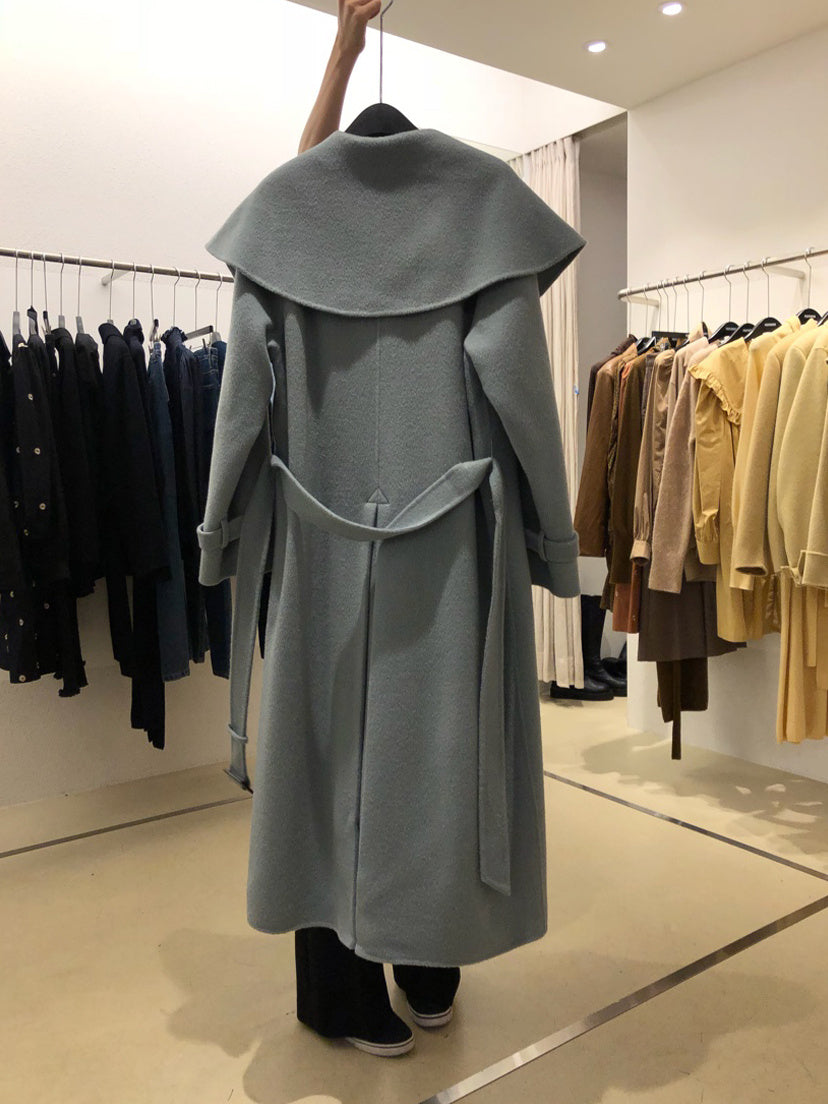 Lapel Double-Breasted Loose Solid Color Long Woolen Coat Women