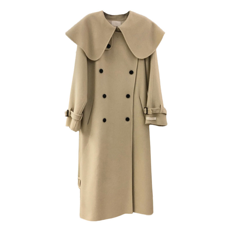 Lapel Double-Breasted Loose Solid Color Long Woolen Coat Women