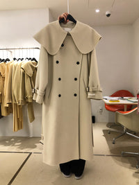 Lapel Double-Breasted Loose Solid Color Long Woolen Coat Women