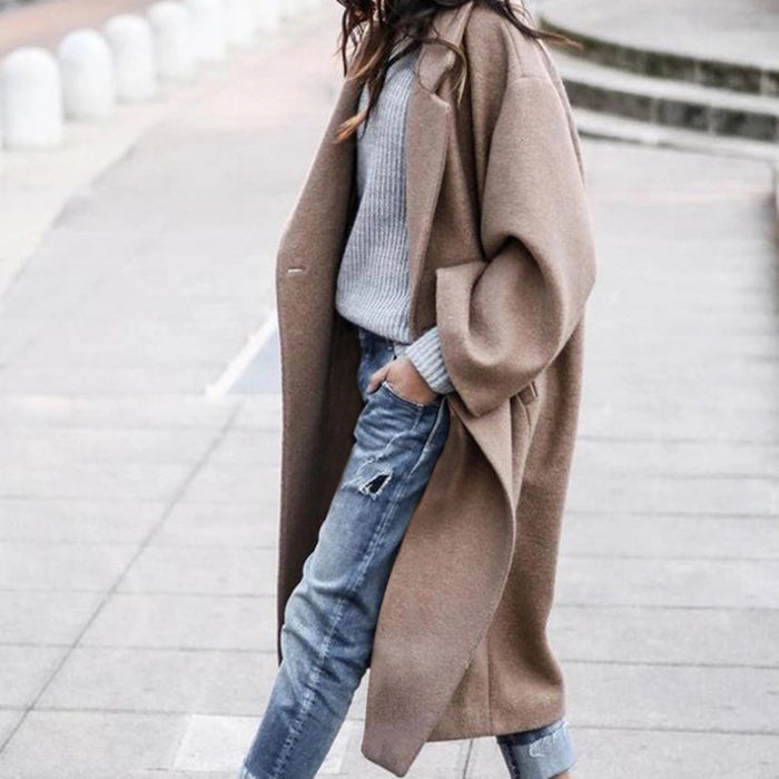 Fashion Long Solid Color Lapel Coat Warm Coat