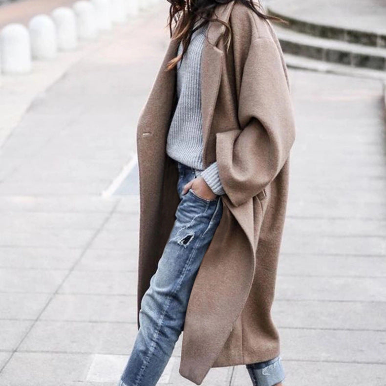 Fashion Long Solid Color Lapel Coat Warm Coat