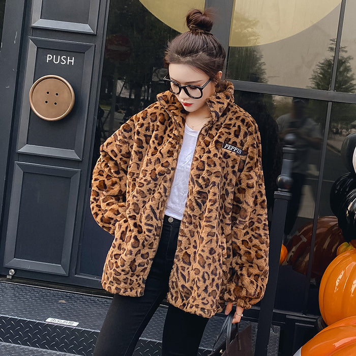 Coat Autumn And Winter Loose Lamb Wool Sweater Thick And Velvet Wild Leopard Print Cardigan Top