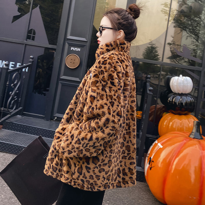 Coat Autumn And Winter Loose Lamb Wool Sweater Thick And Velvet Wild Leopard Print Cardigan Top