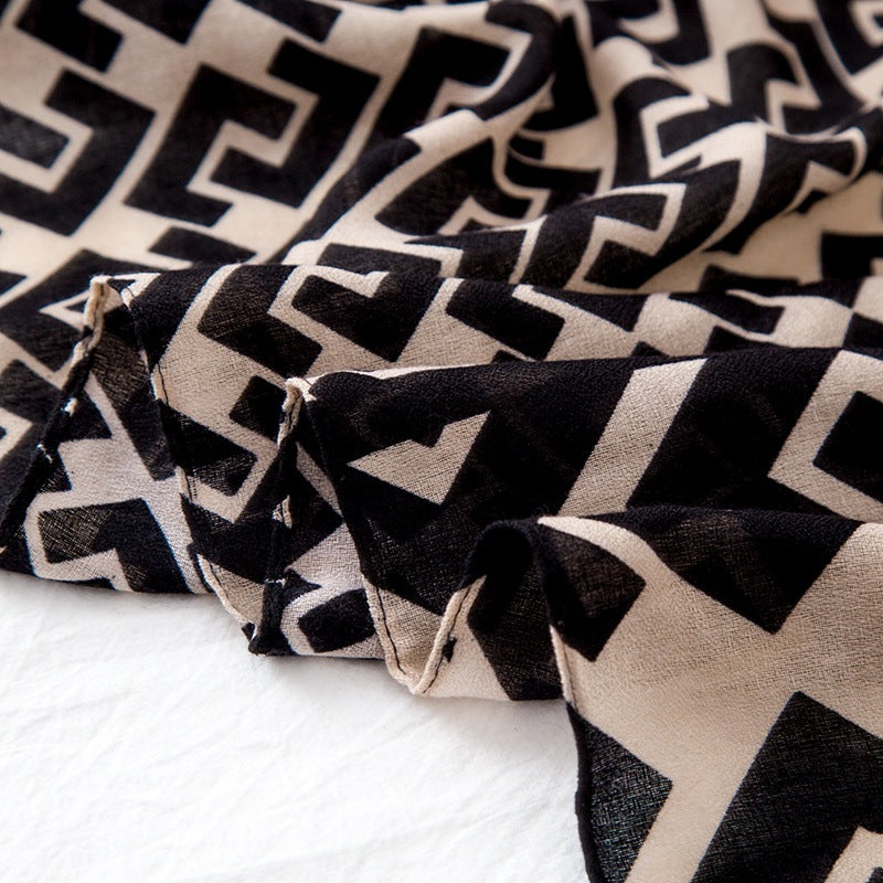 Letter Symbol Cotton And Linen Hand-Printed Long Scarf