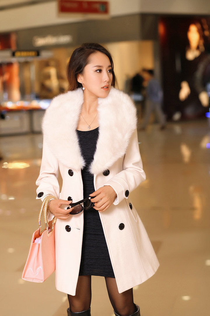 Mid-length Winter Coat With Woolen Collar And Double-breasted Coat